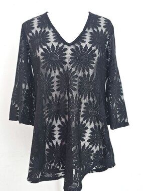 Jordan Taylor Black Floral Mesh Crochet Bell Sleeve V Neck Swim Beach Cover S